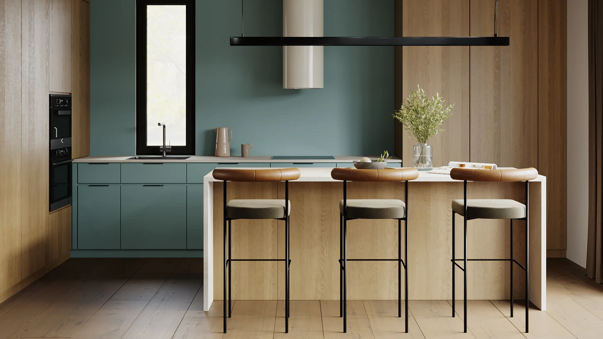 Modern kitchen with light wood cabinets and teal lower cabinets, featuring a kitchen island with three bar stools.