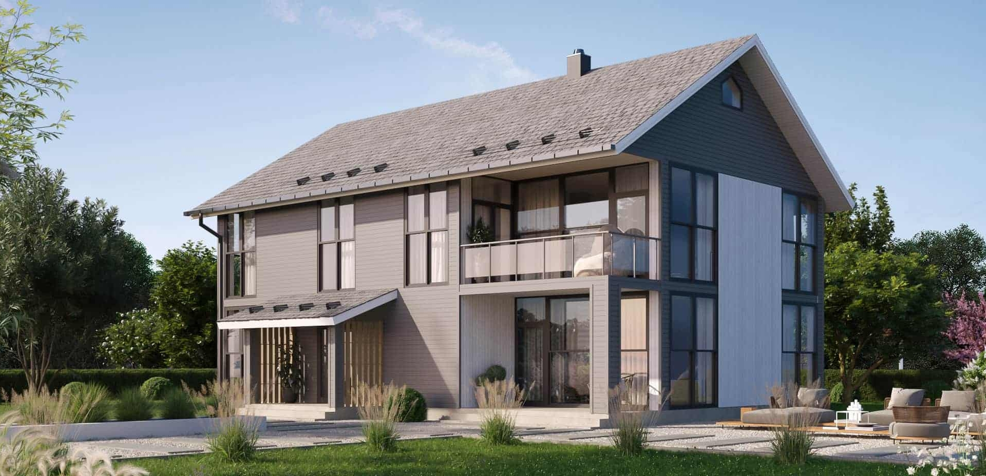 Modern two-story house 3D rendering, showcasing architectural design.