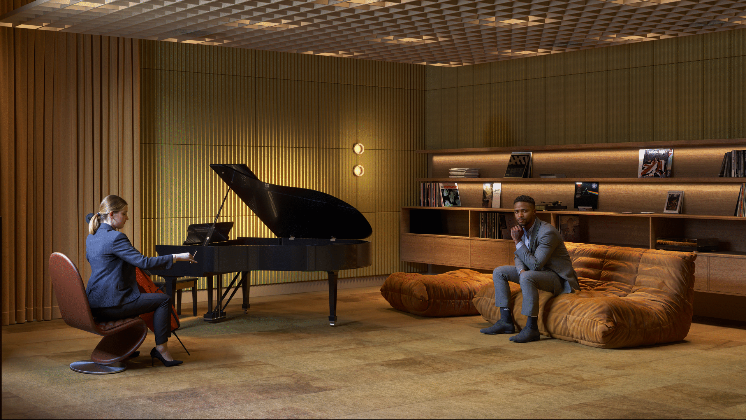 Elegant room with a woman playing a violin and a man in contemplation, surrounded by warm wooden accents and modern decor