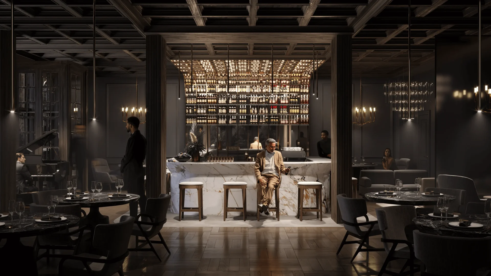 Luxurious bar with photorealistic people, showcasing architectural visualization.