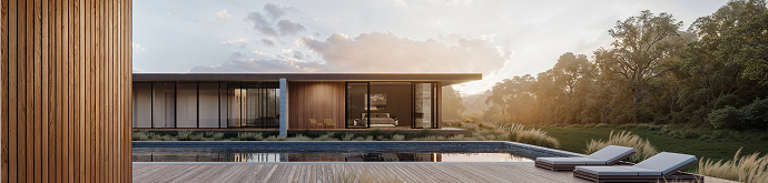 Modern home with pool and deck, showcasing sleek architecture and serene landscaping.