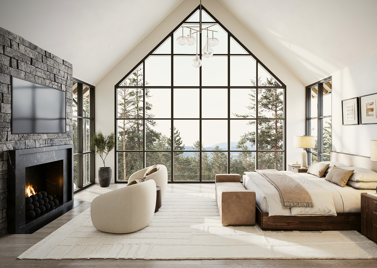 Luxury bedroom 3D rendering showcasing a modern fireplace, large windows, and a comfortable bed.