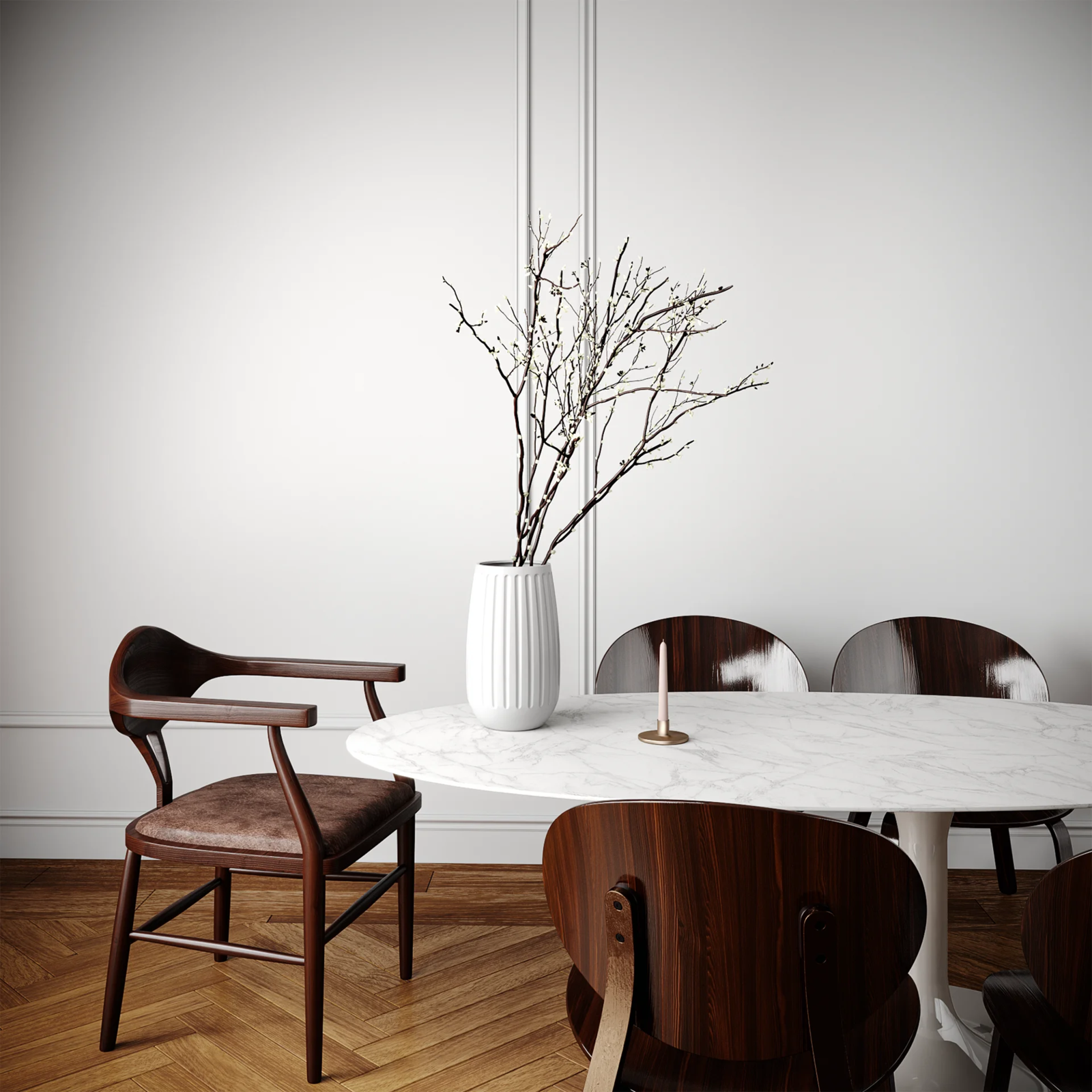 Modern dining room with marble table, wooden chairs, and minimalist decor. High-quality 3D interior rendering.
