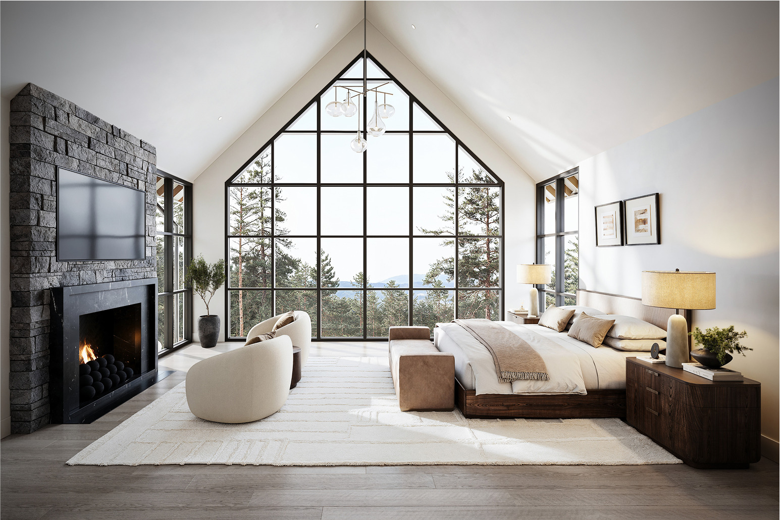 Modern bedroom with large window overlooking Idaho forest. Features stone fireplace and plush furnishings.