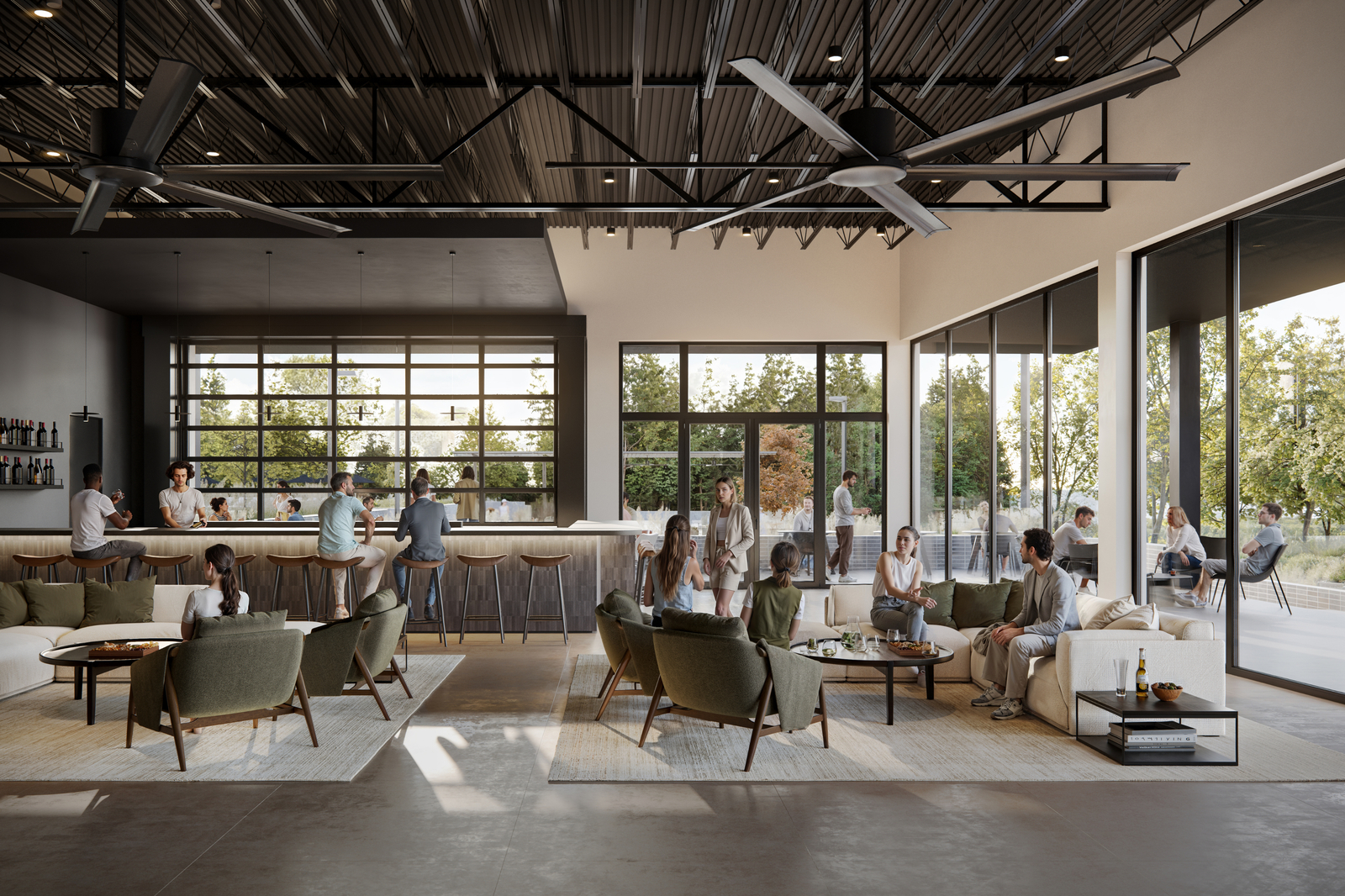 Modern communal lounge with bar and outdoor patio, showcasing high-quality 3D interior rendering services.