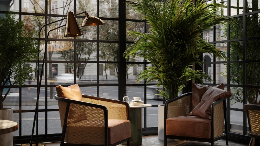 Cozy restaurant interior with two armchairs, plants, and a floor lamp. High-quality 3D restaurant rendering.