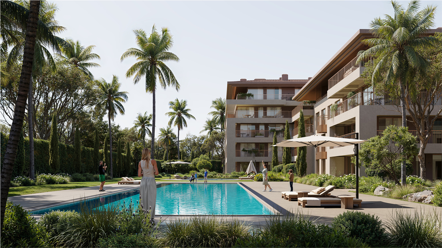 Luxury apartment building with resort-style pool and lush gardens. People relax by the pool.