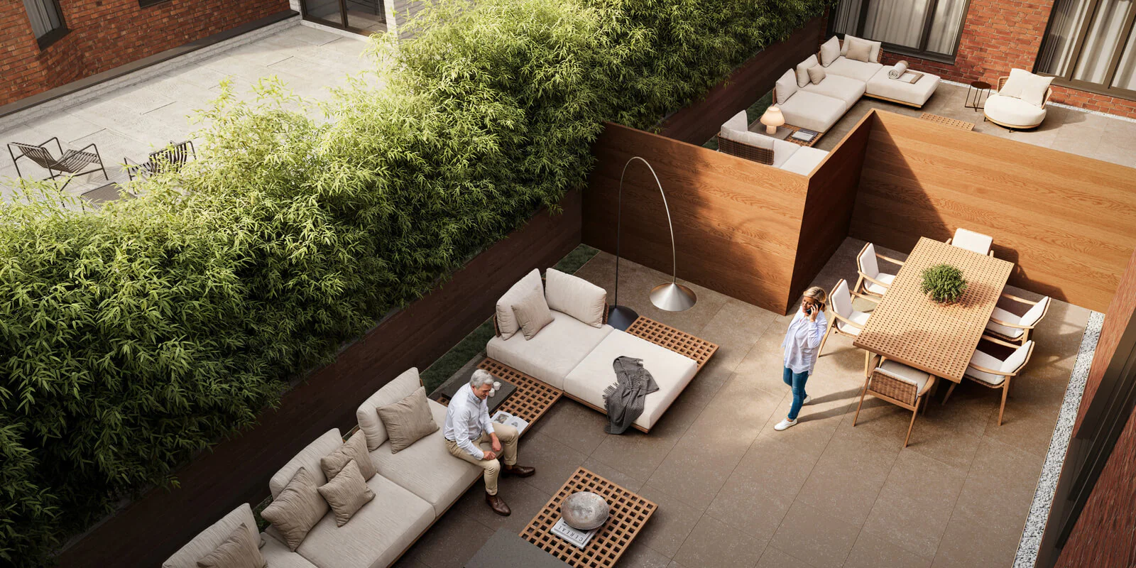 Luxury apartment patio with outdoor furniture, showcasing high-quality 3D exterior rendering services.