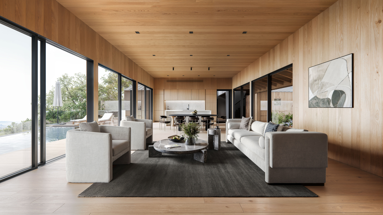 Modern living room with open kitchen, 3D interior rendering. Luxury home design.