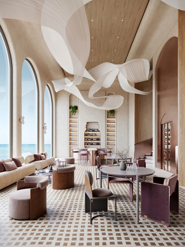 Luxury restaurant interior design rendering, showcasing modern furniture and ocean views. 3D architectural visualization.