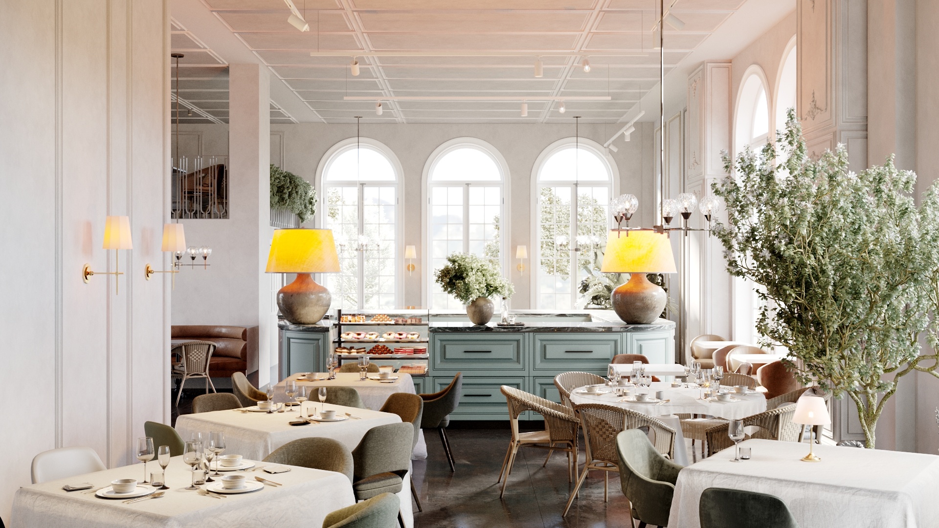 Elegant restaurant interior design, showcasing 3D rendering services. Tables set for dining.