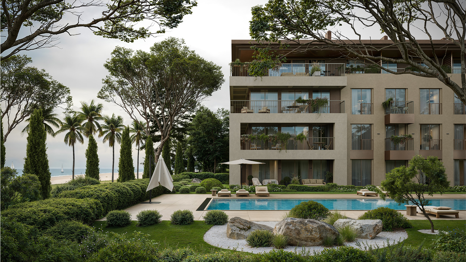 Luxury apartment building with resort-style pool and landscaped gardens.