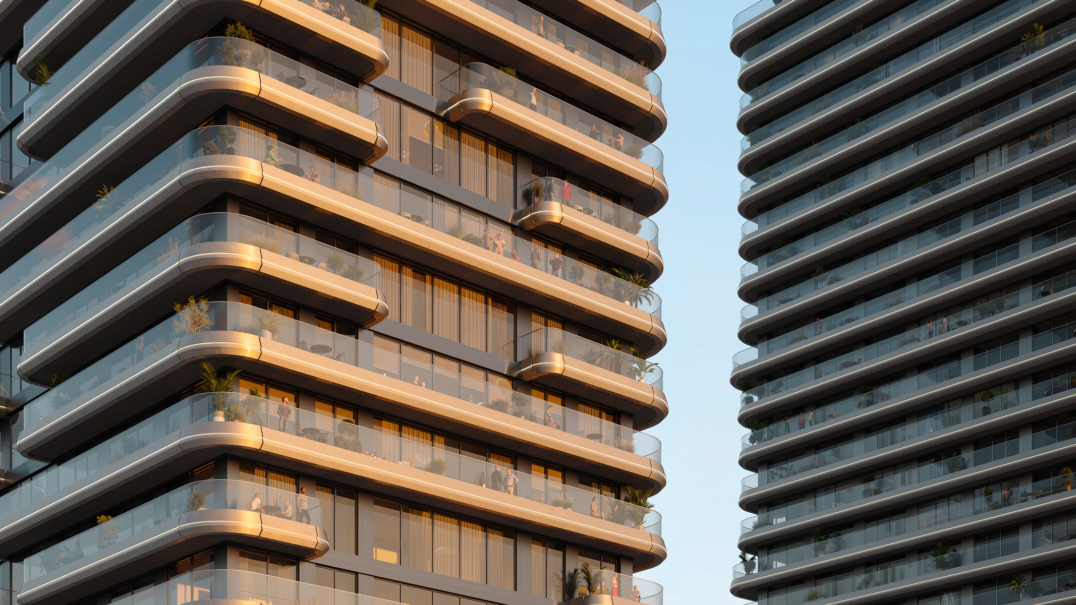 Luxury high-rise apartments with curved balconies and glass railings. Sky Park Apartments.