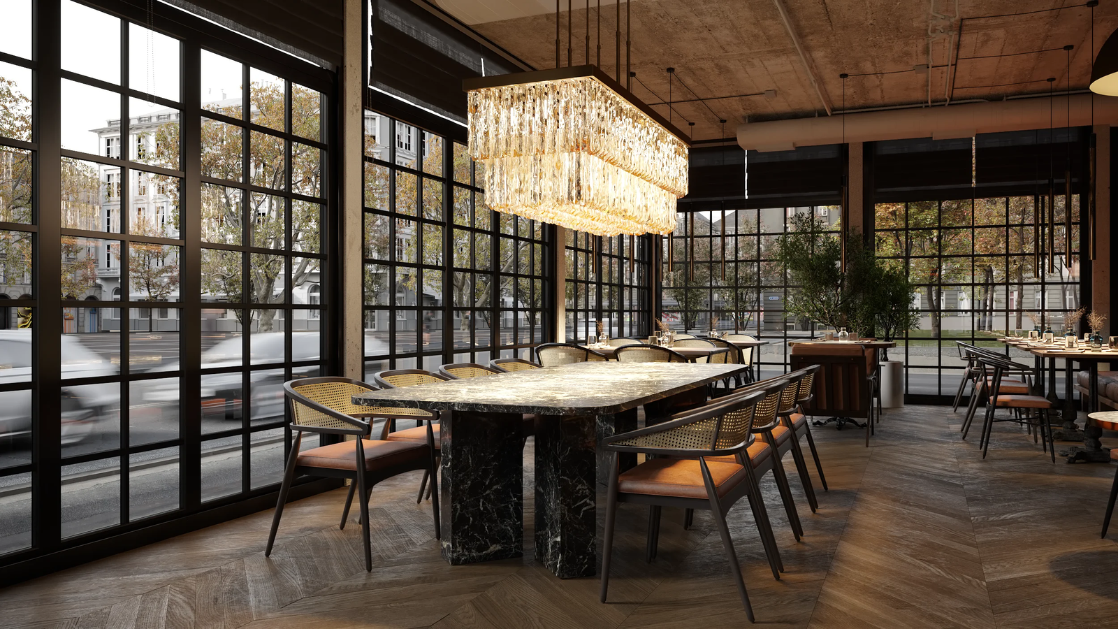 Modern restaurant interior design with a large marble dining table, 3D rendering.