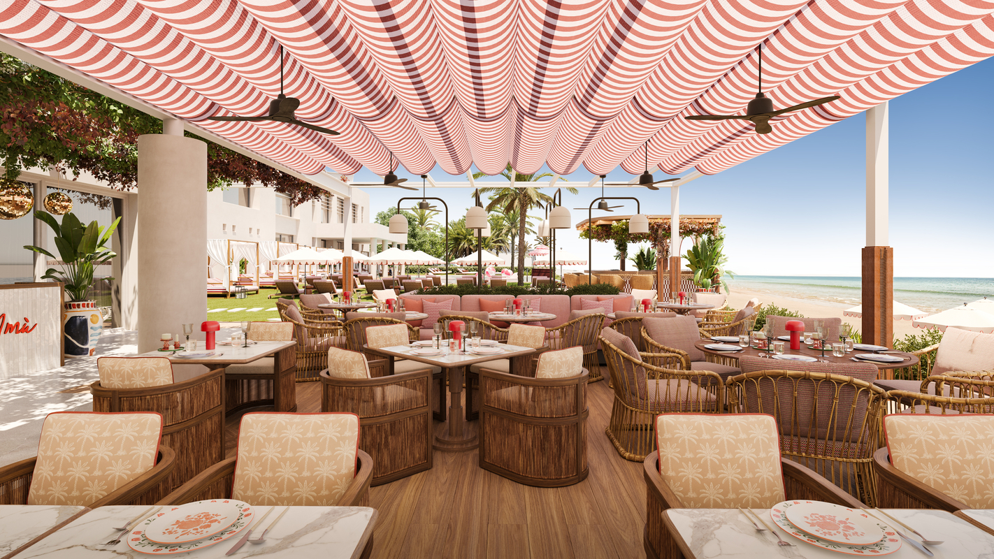 Beachfront restaurant 3D rendering, showing outdoor seating and striped awning.