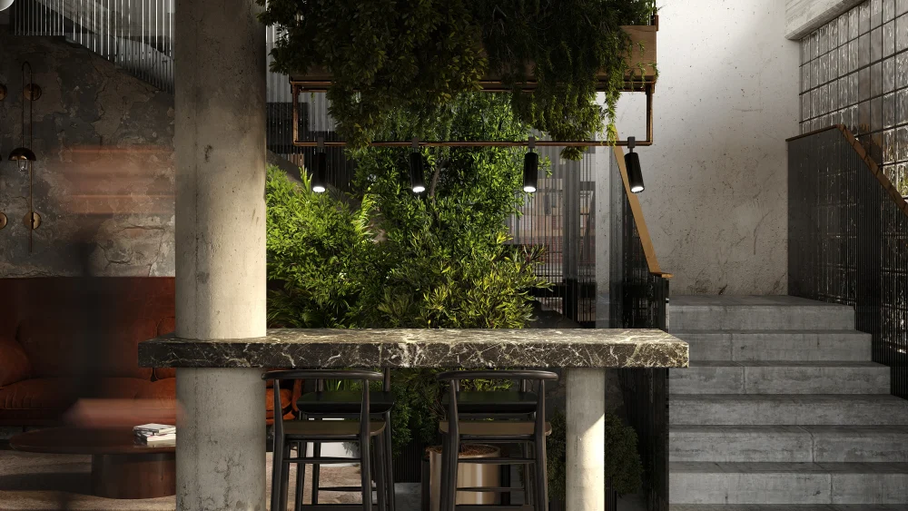 Modern restaurant interior design with marble bar, greenery, and concrete stairs. 3D restaurant rendering.
