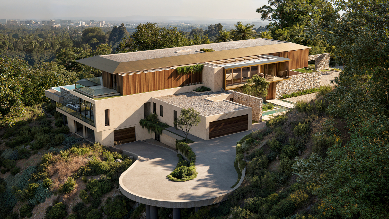 Luxury hillside home 3D rendering, showcasing modern architecture and landscaping.