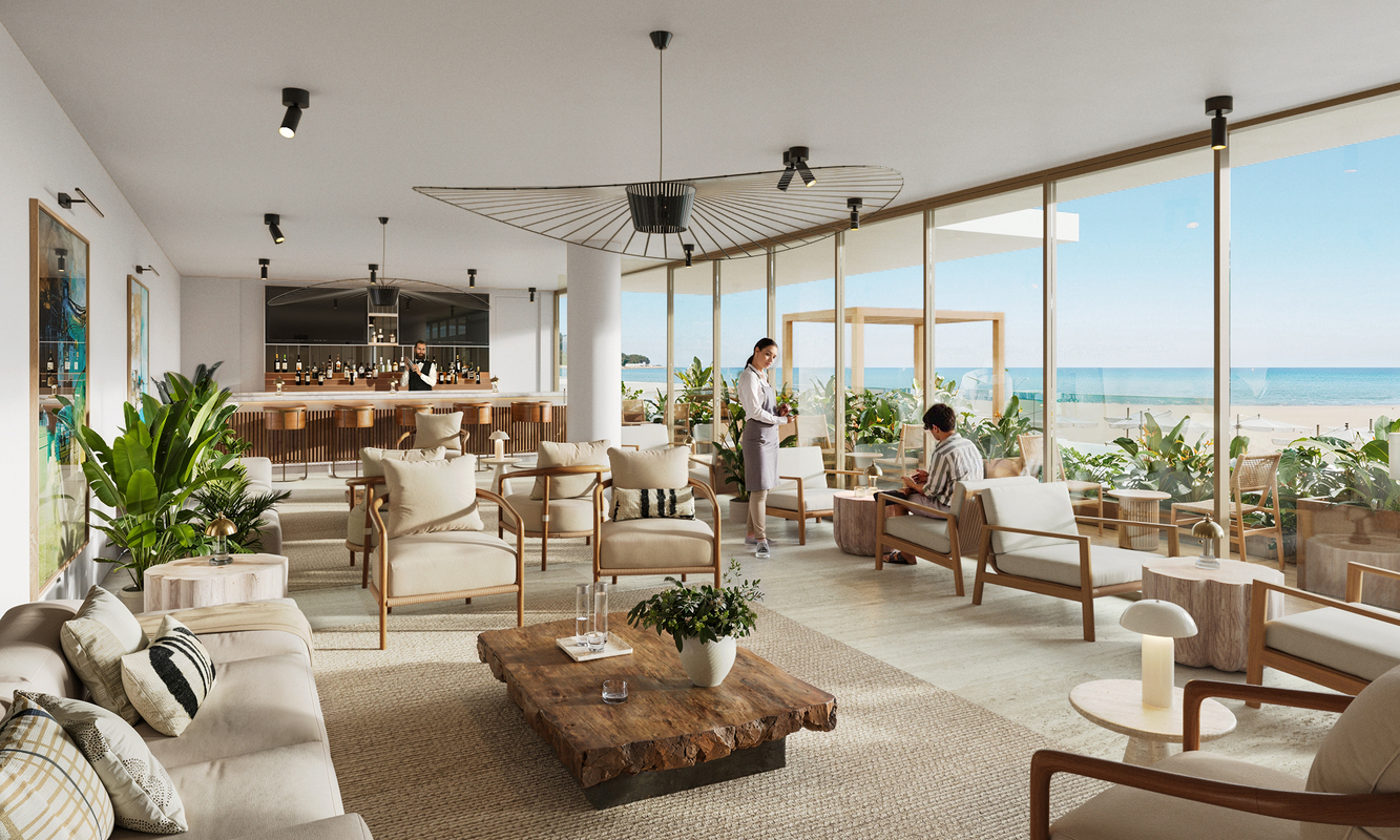 Luxury beach resort lounge with bar, showcasing high-end 3D restaurant rendering services.