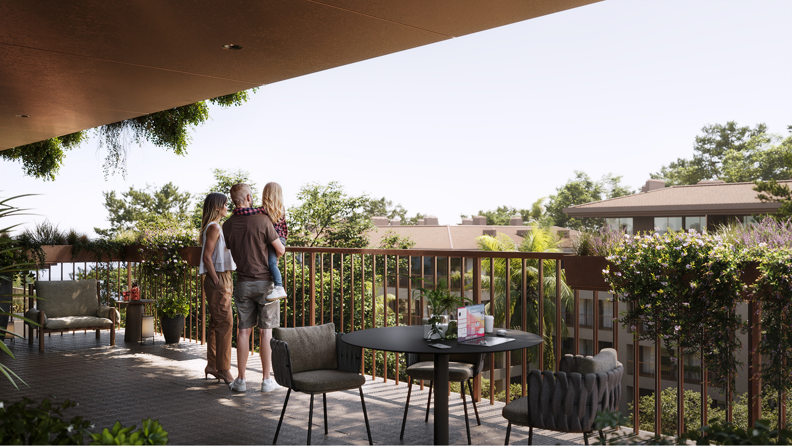 Family enjoying balcony garden view. Modern outdoor space with plants.
