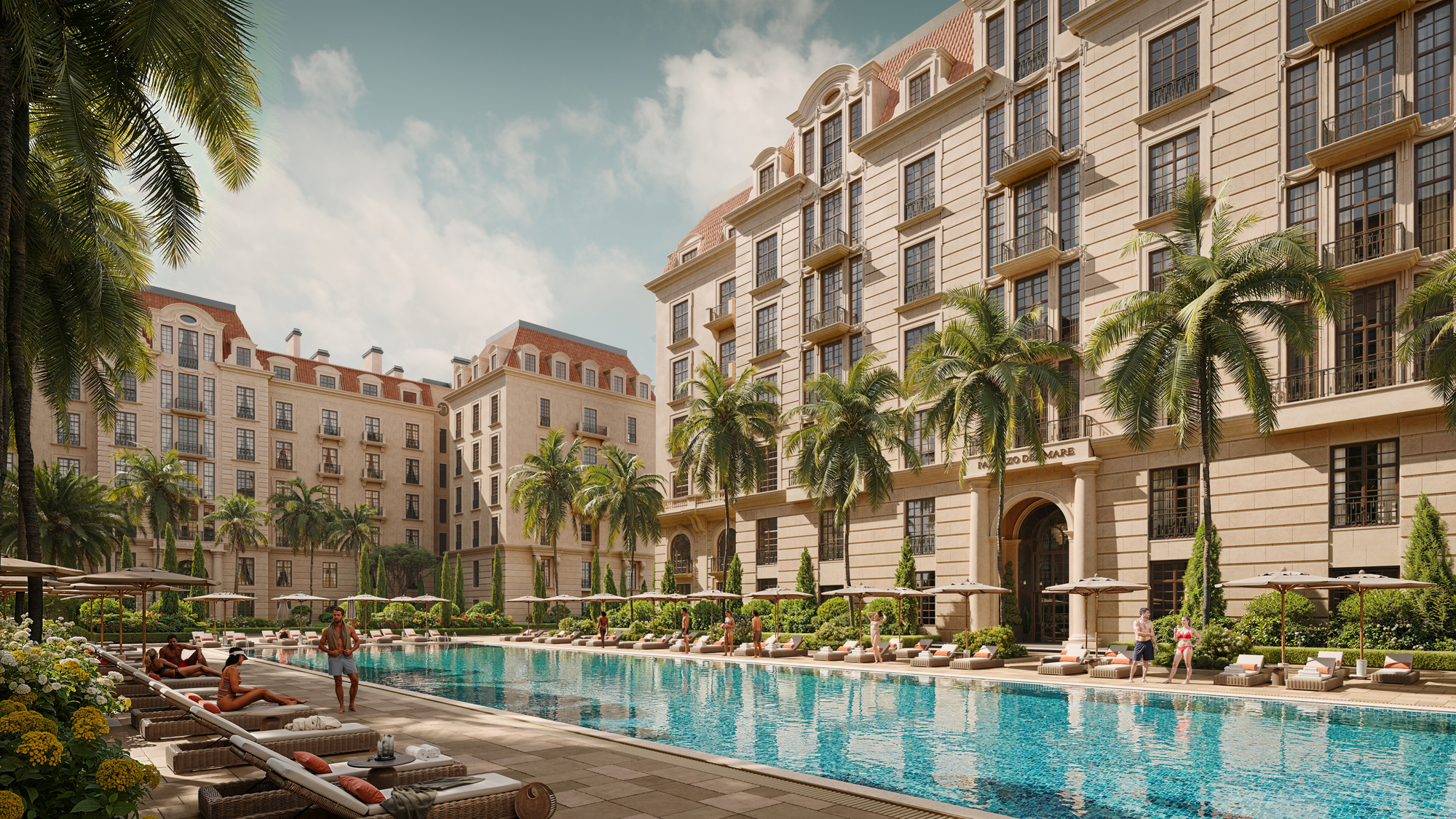 Luxury resort pool at Palazzo del Mare with guests relaxing by the water.