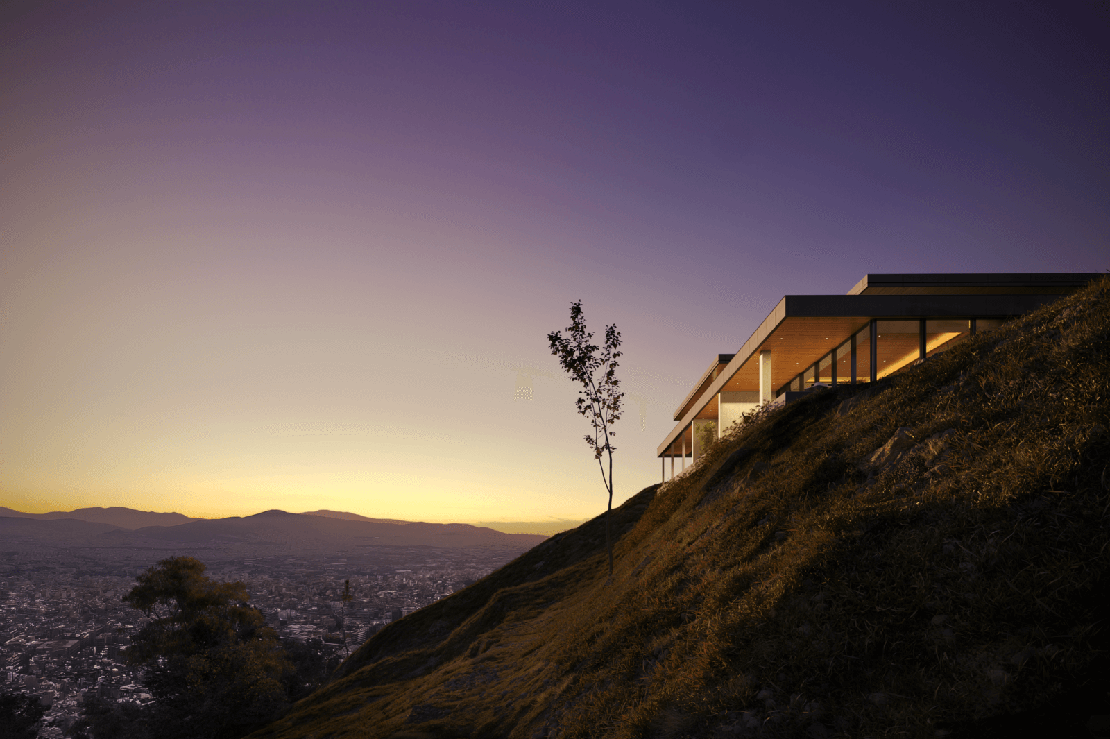 Modern hillside home at sunset, showcasing high-quality 3D exterior rendering services.