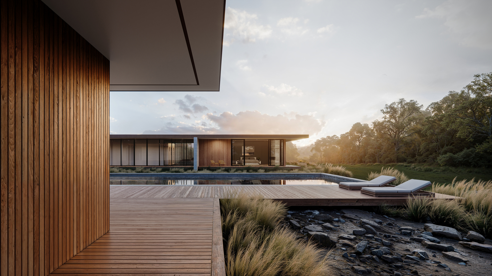 Modern house 3D rendering showcasing a pool and deck.