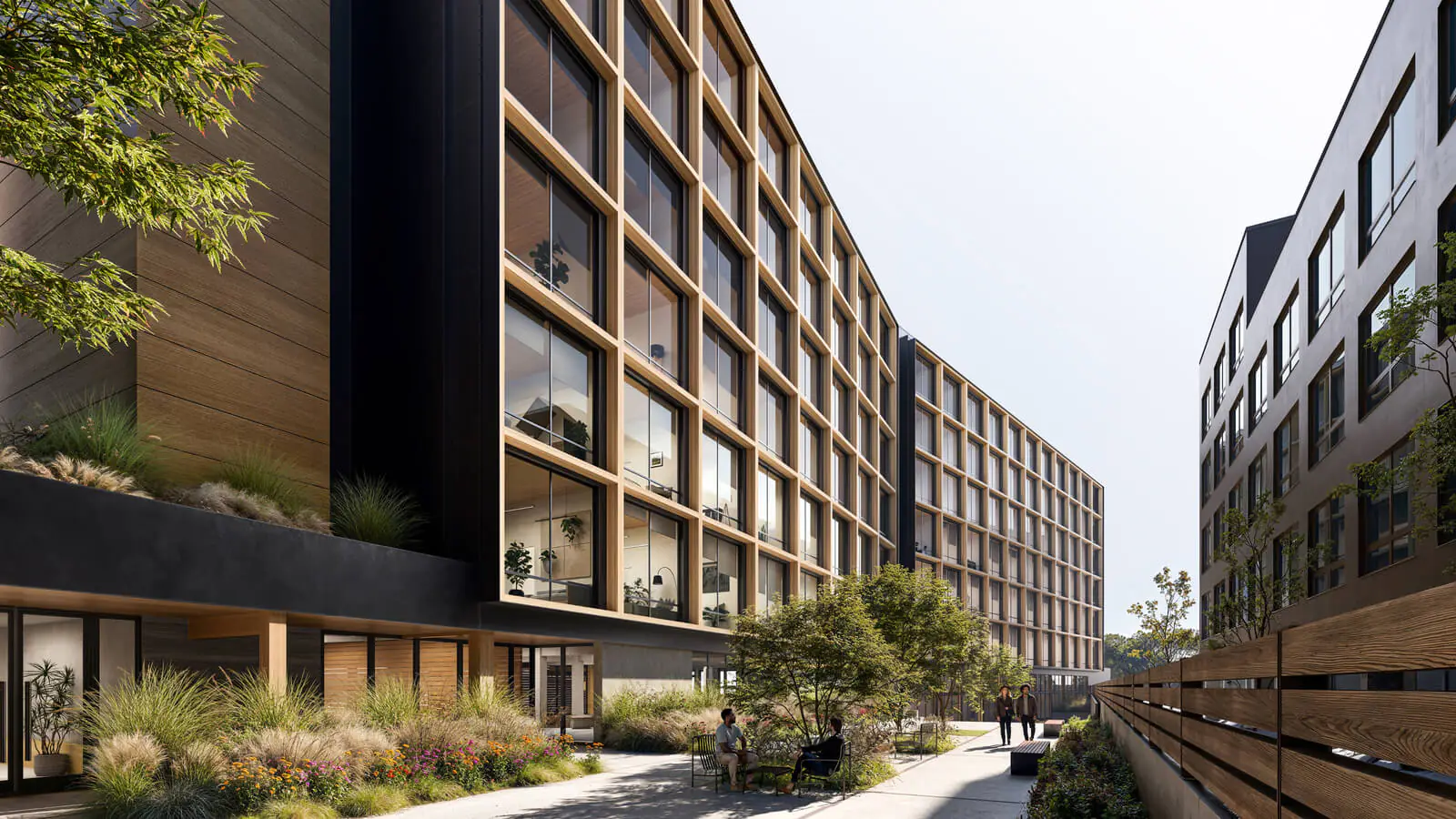 Modern apartment building exterior 3D rendering, showcasing architectural design.