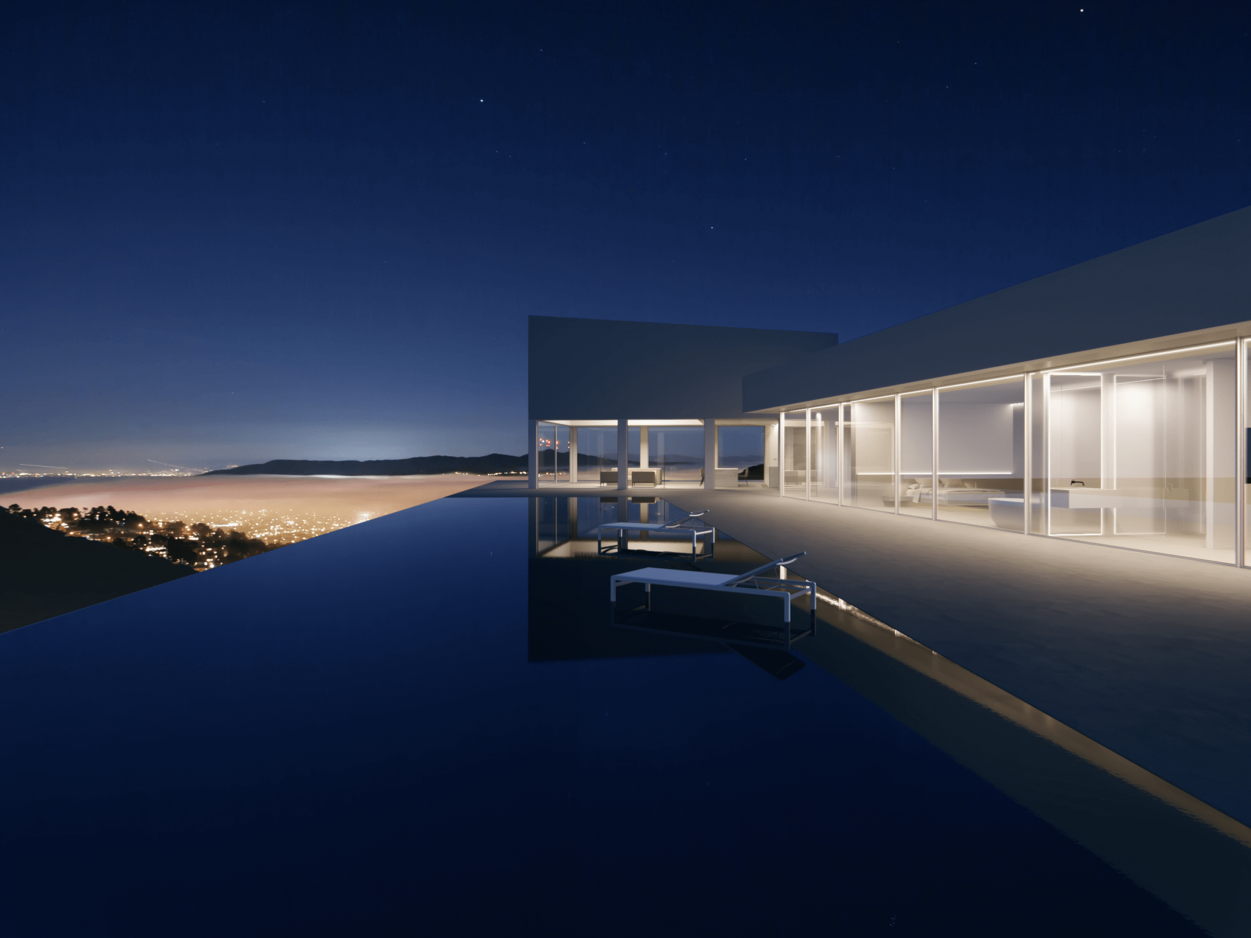 Nighttime 3D rendering of a modern home with infinity pool overlooking city lights.