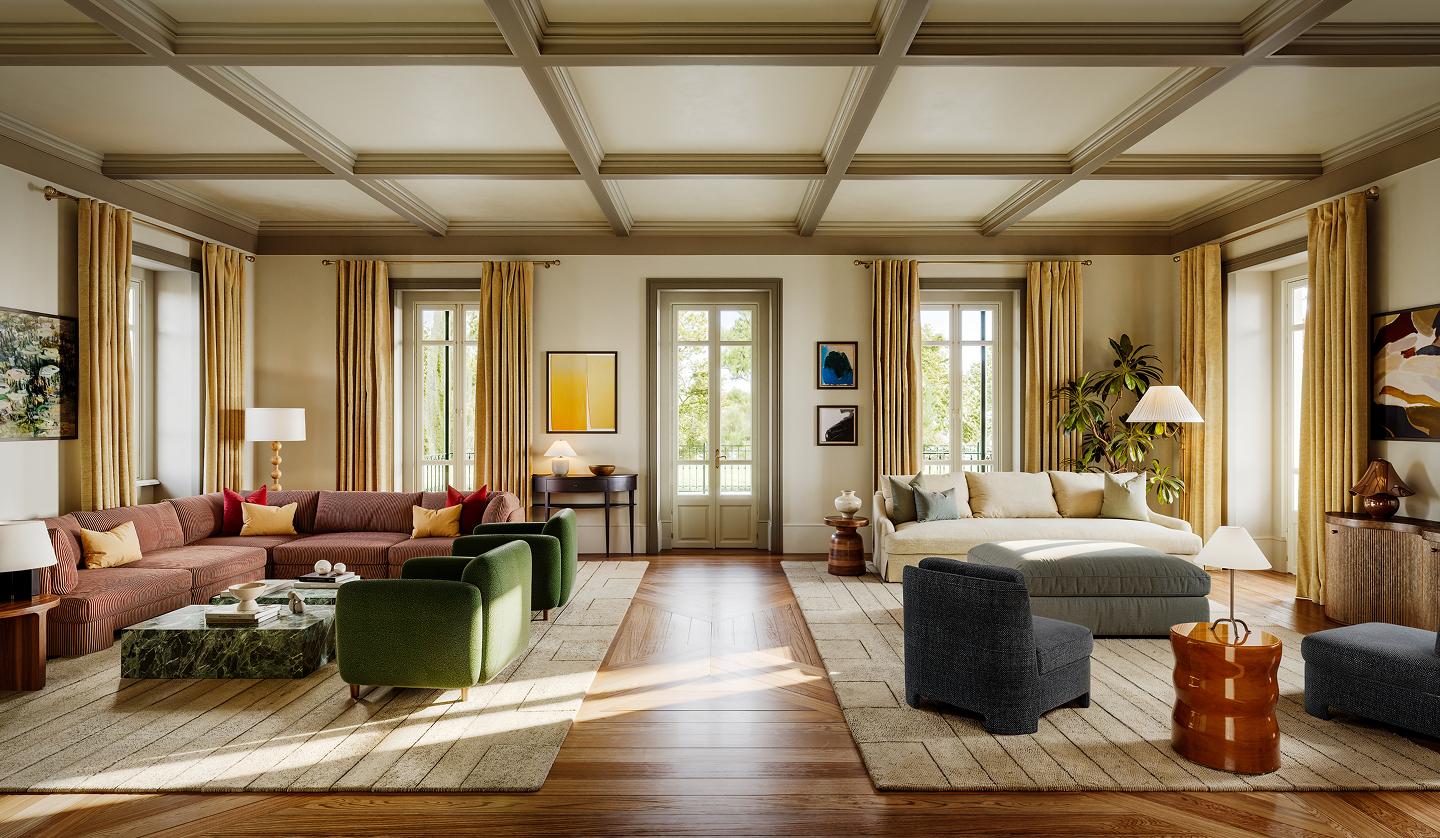 Luxurious living room 3D rendering showcasing modern interior design.