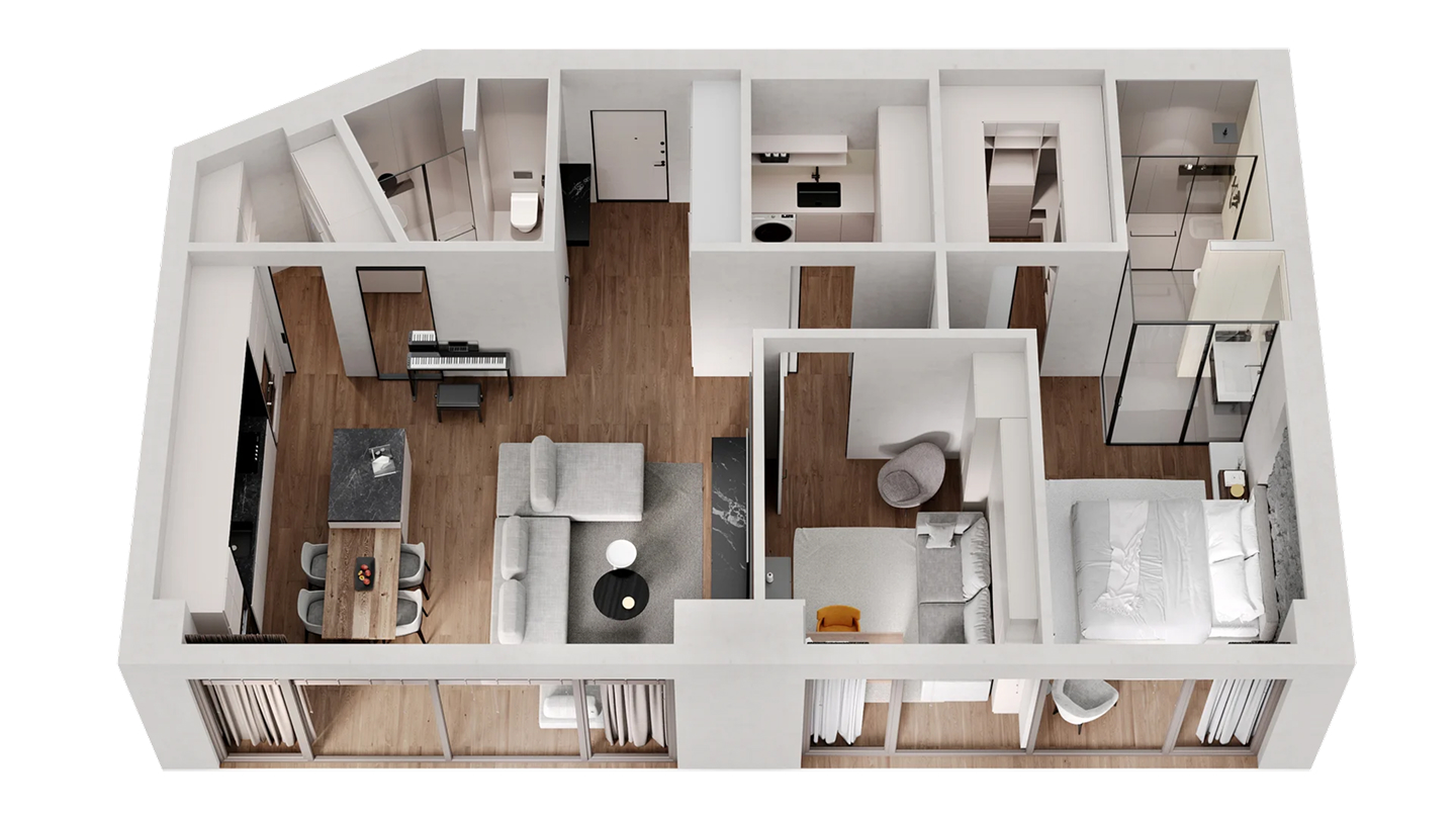 Top-down 3D rendering of a modern apartment floor plan, showcasing living room, kitchen, and bedrooms.