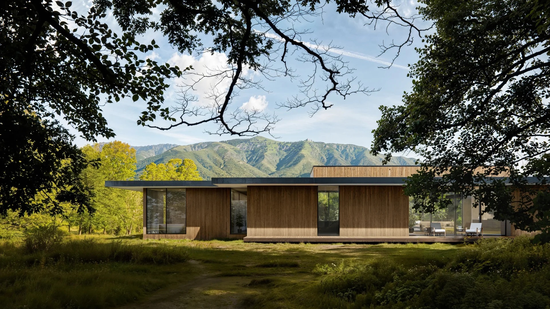Modern wood house 3D rendering, nestled in a mountain landscape.