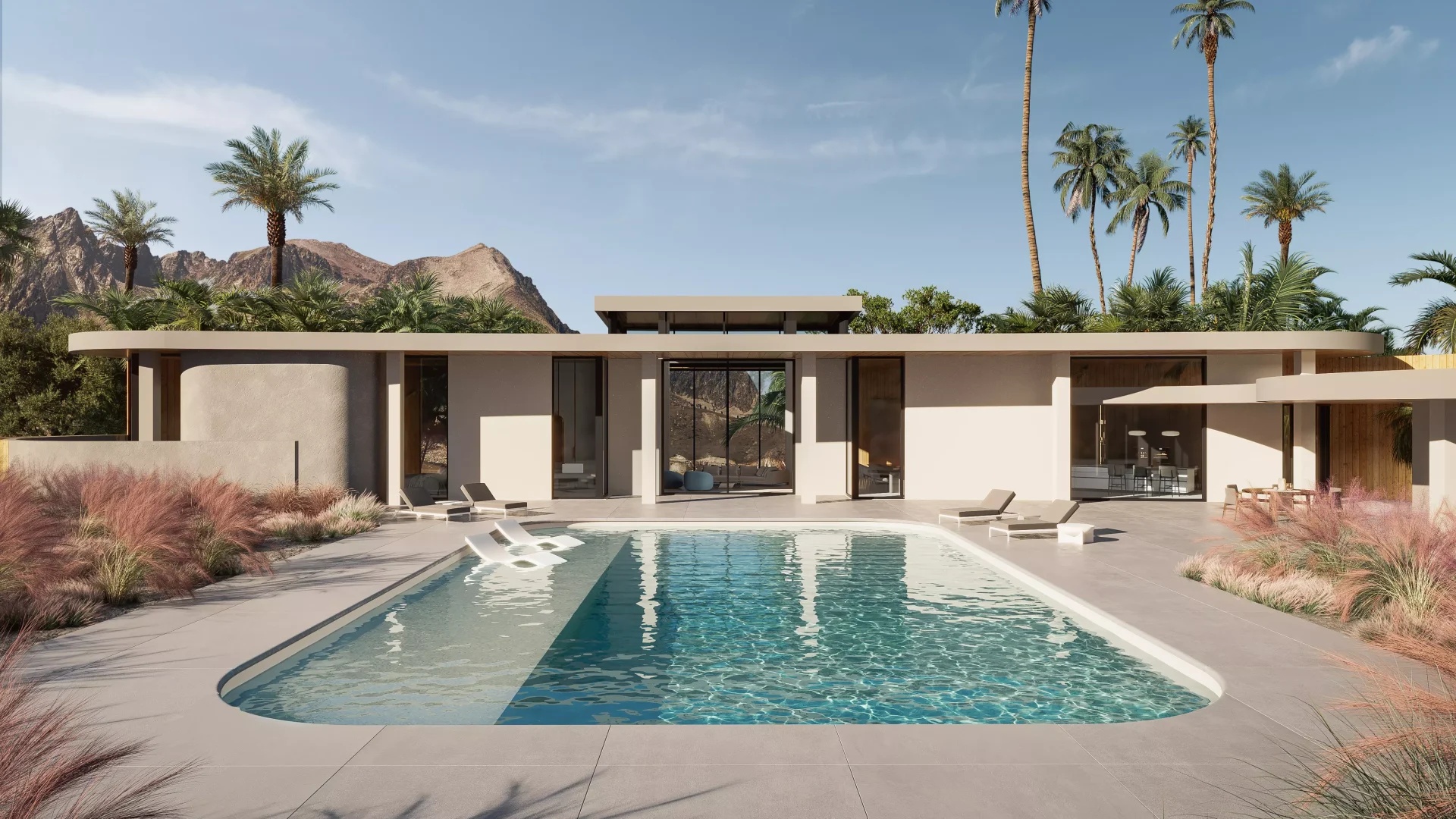 Modern desert house 3D rendering with pool and palm trees.