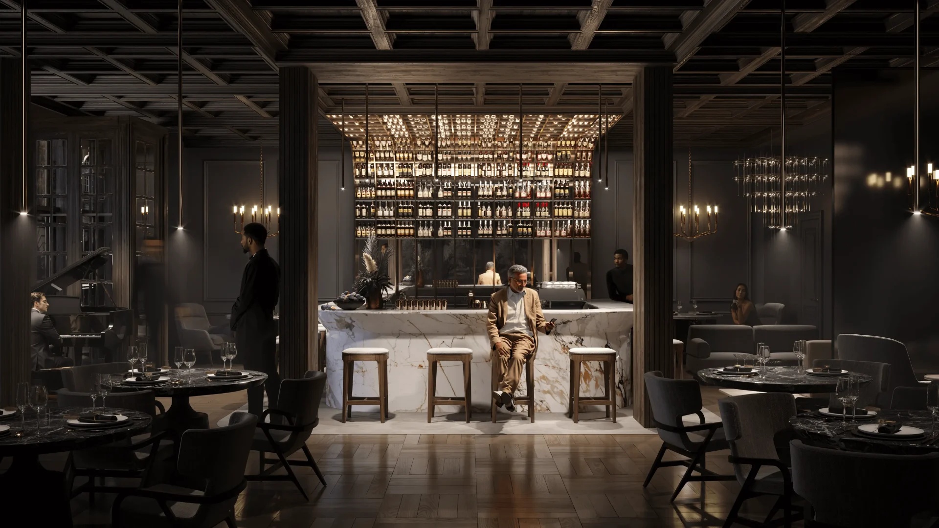 Luxurious restaurant interior 3D rendering, showcasing a marble bar and sophisticated seating.