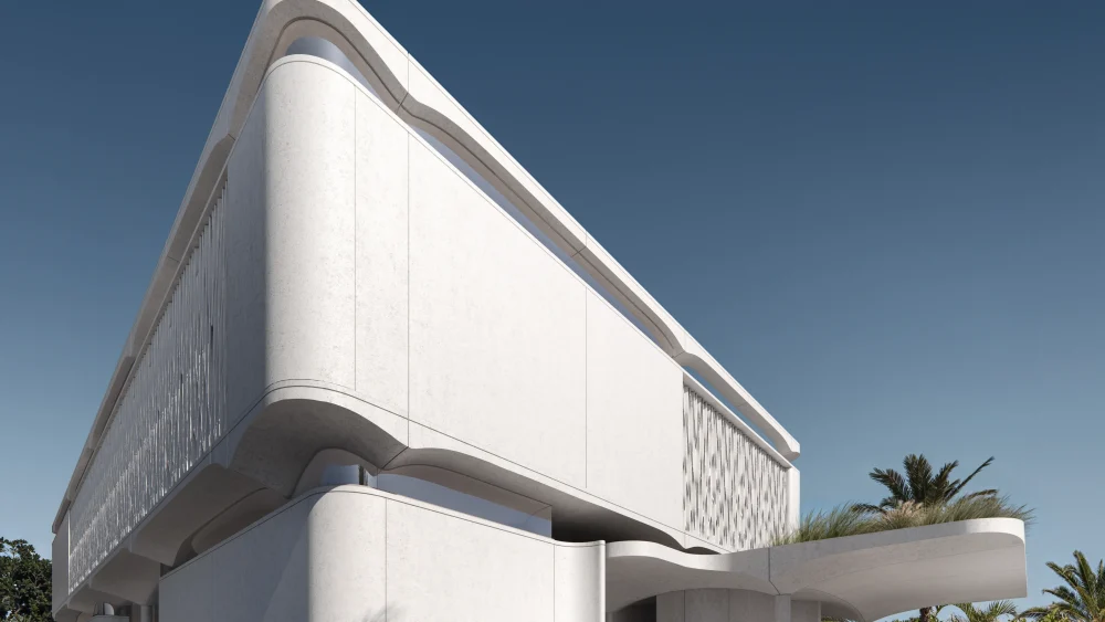Modern white house 3D rendering, showcasing curved architectural details.