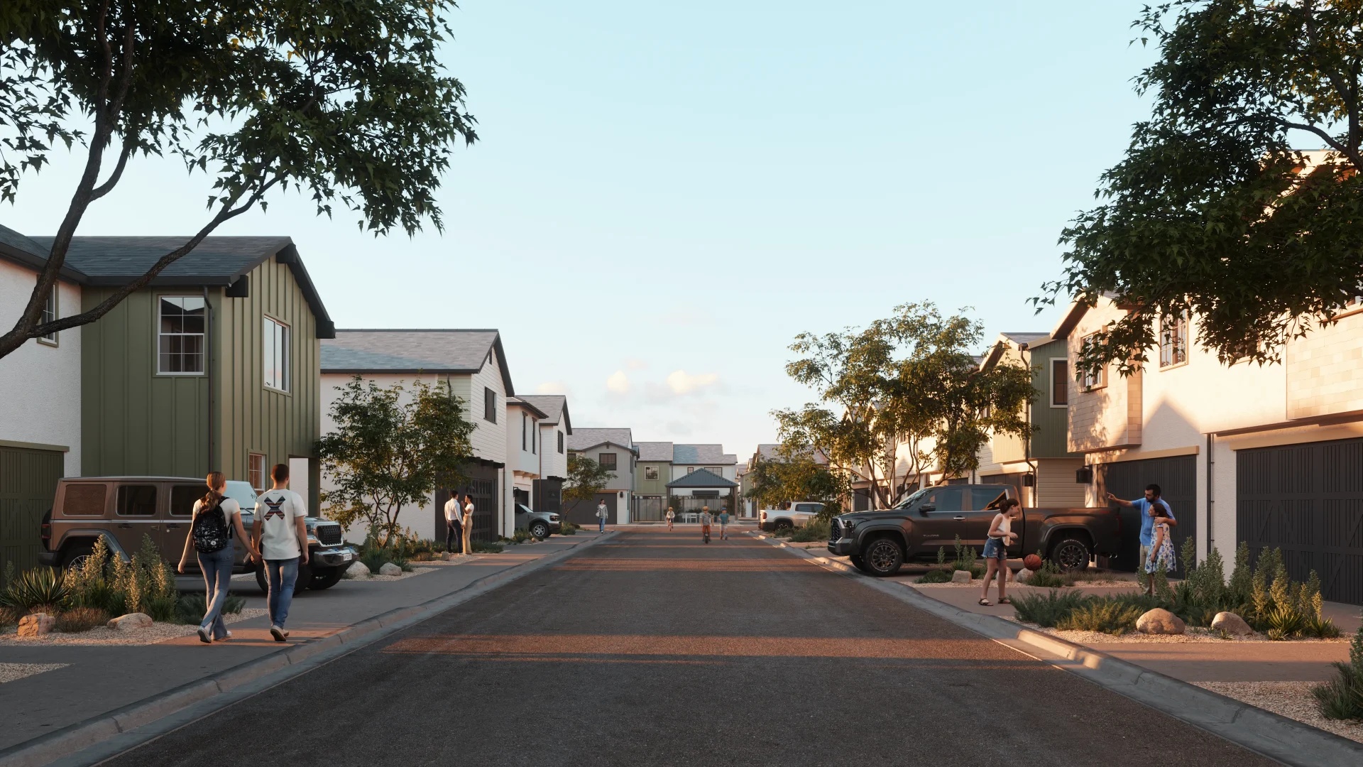 Residential street scene with modern homes, showcasing high-quality 3D house rendering services.