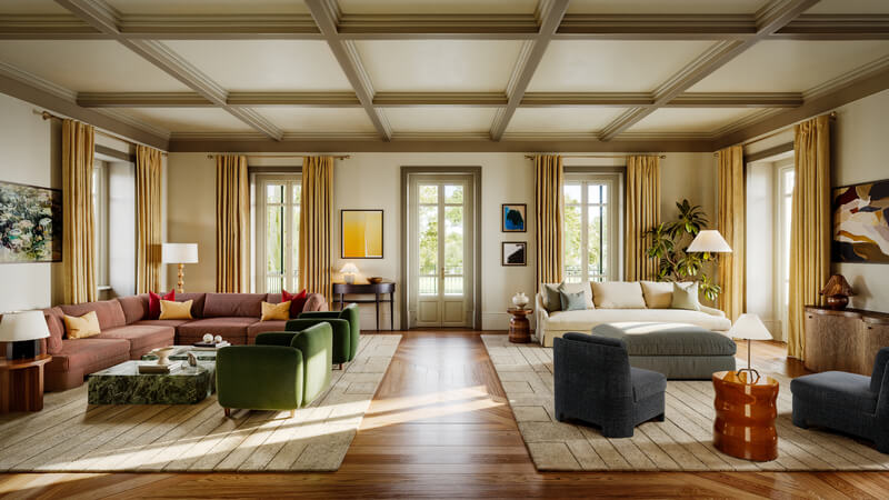 Spacious living room with coffered ceiling, large windows, and comfortable seating areas.