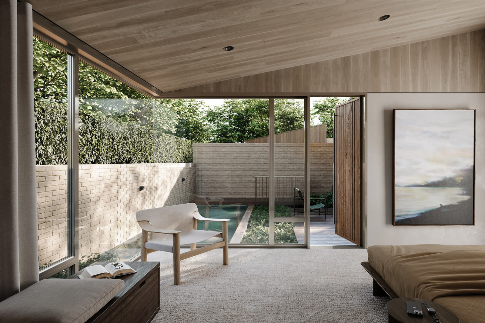 Modern bedroom with sliding glass doors opening to a private patio and plunge pool.