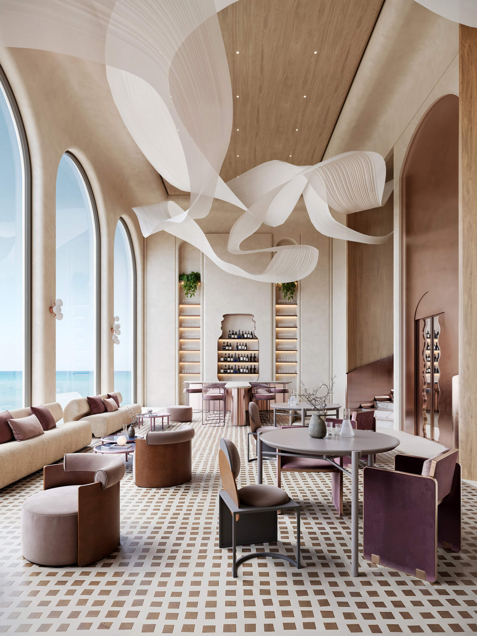 Luxury home interior design with ocean view, featuring a modern bar and seating area.