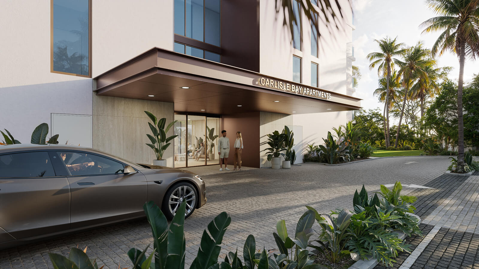 Carlisle Bay Apartments entrance; couple arriving by car.
