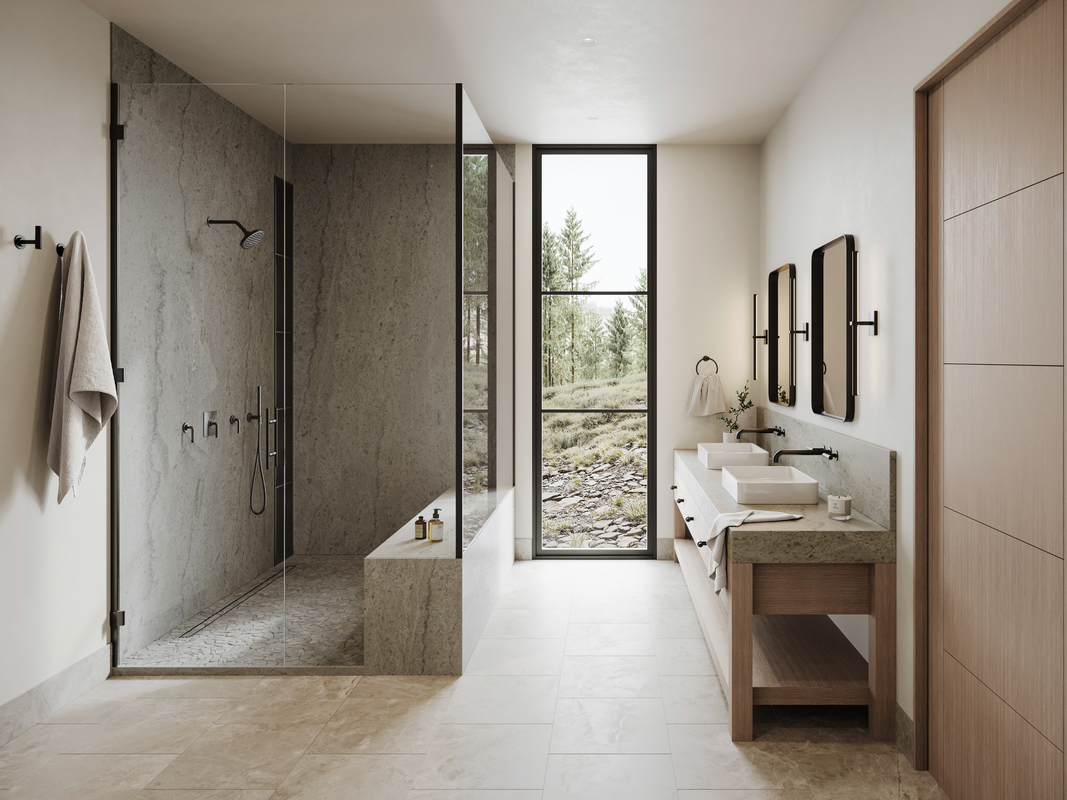 Modern bathroom with walk-in shower and double vanity, overlooking Idaho landscape.