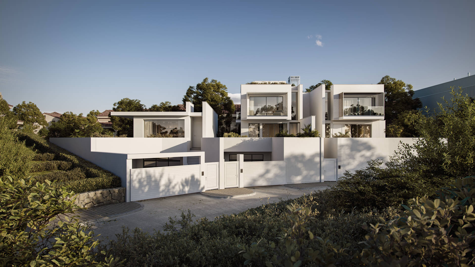 Modern white house with geometric design and gated driveway, showcasing architectural rendering.