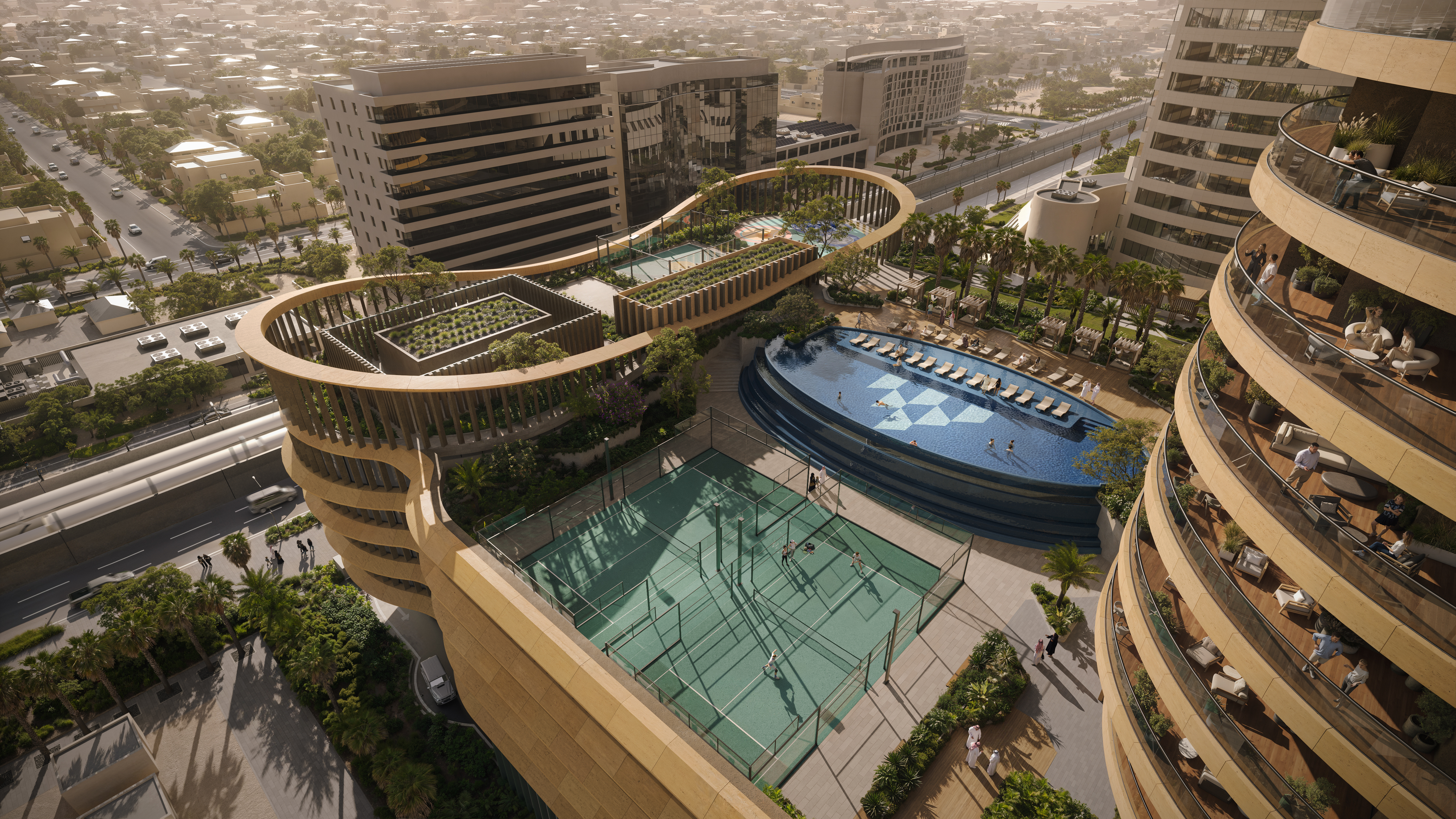 Aerial view of luxury apartments with pools and tennis courts. 3D rendering services showcase architectural design.