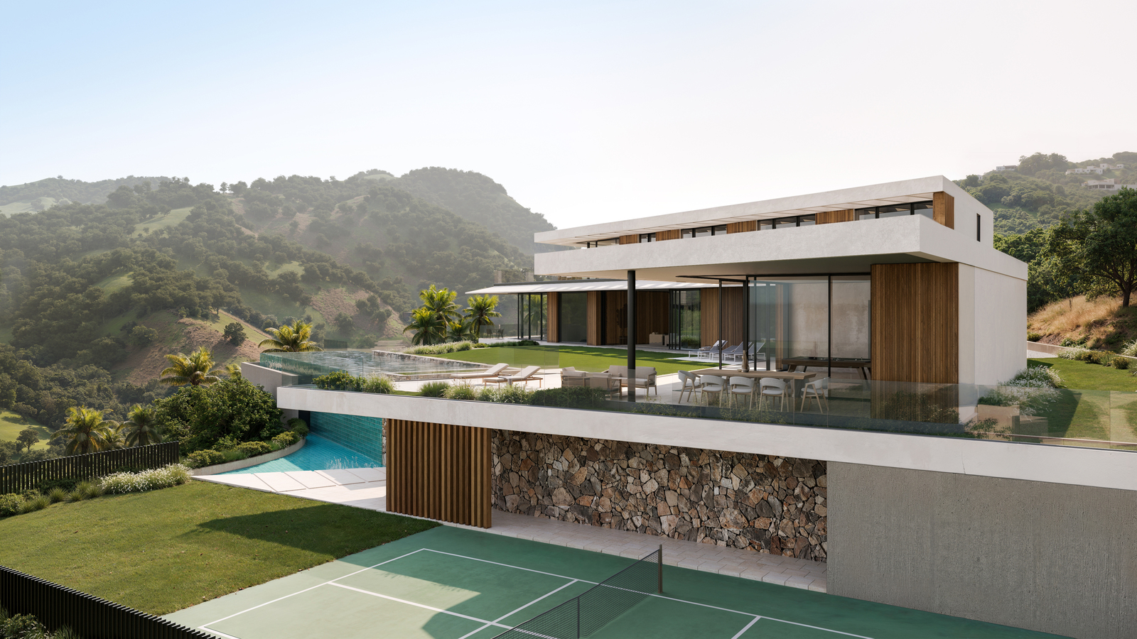 Luxury modern villa with pool and tennis court. 3D house rendering services showcase architectural design.