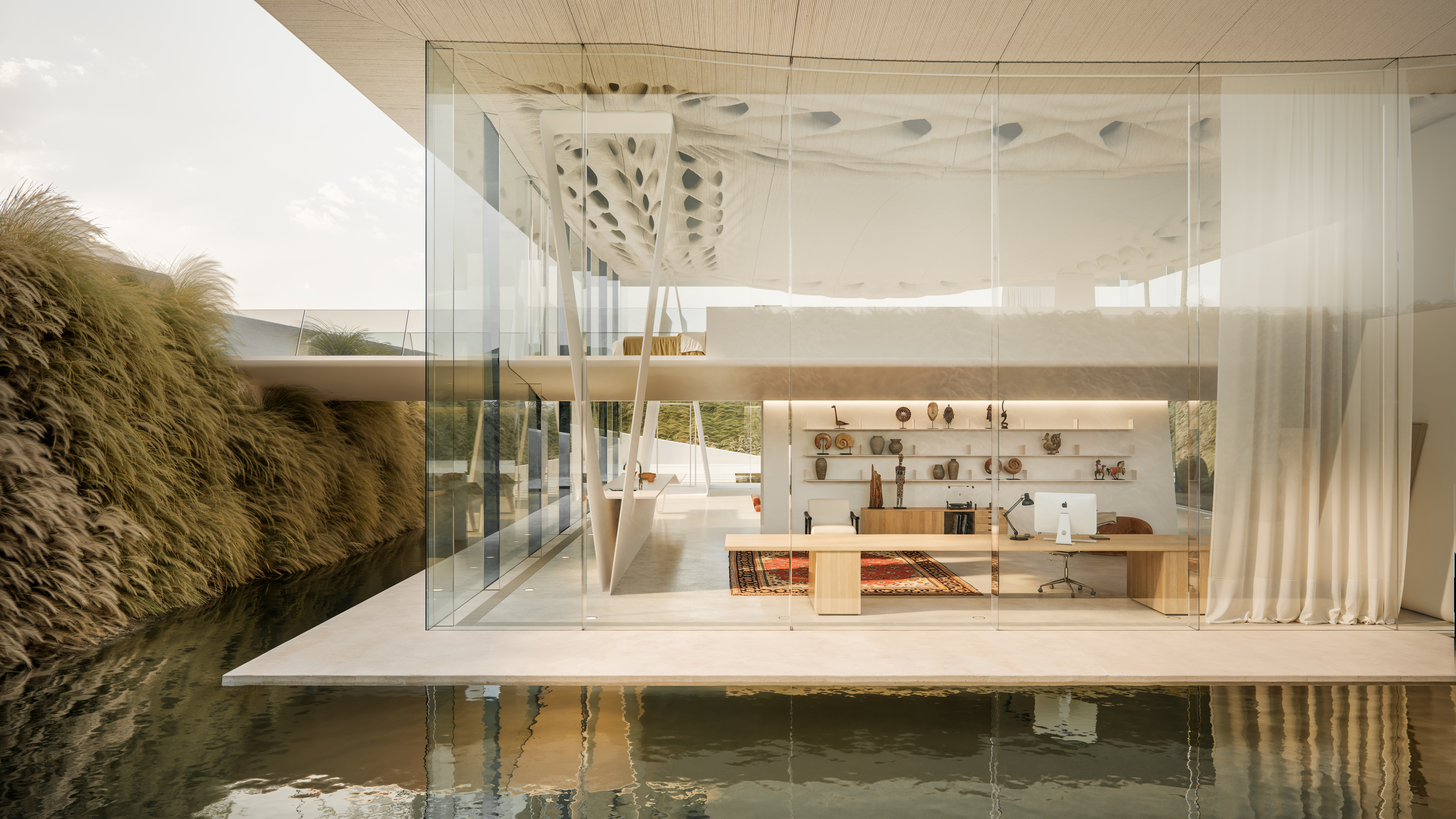 Modern glass house over water, featuring a unique ceiling design and minimalist office space.