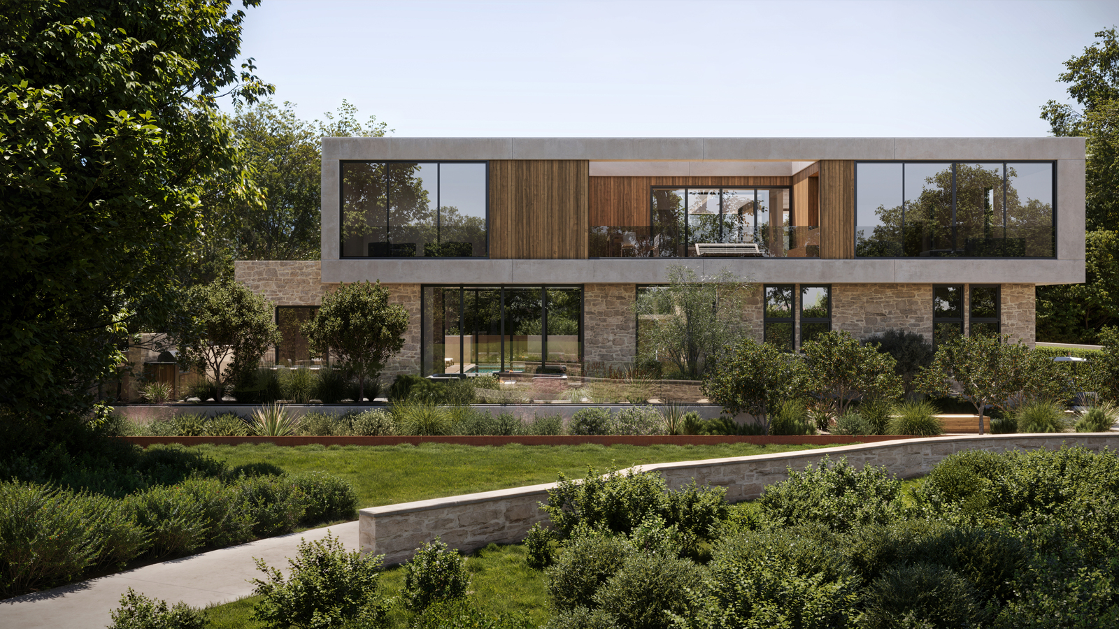 Modern house with 3D house rendering services showcased, featuring stone and wood exterior.