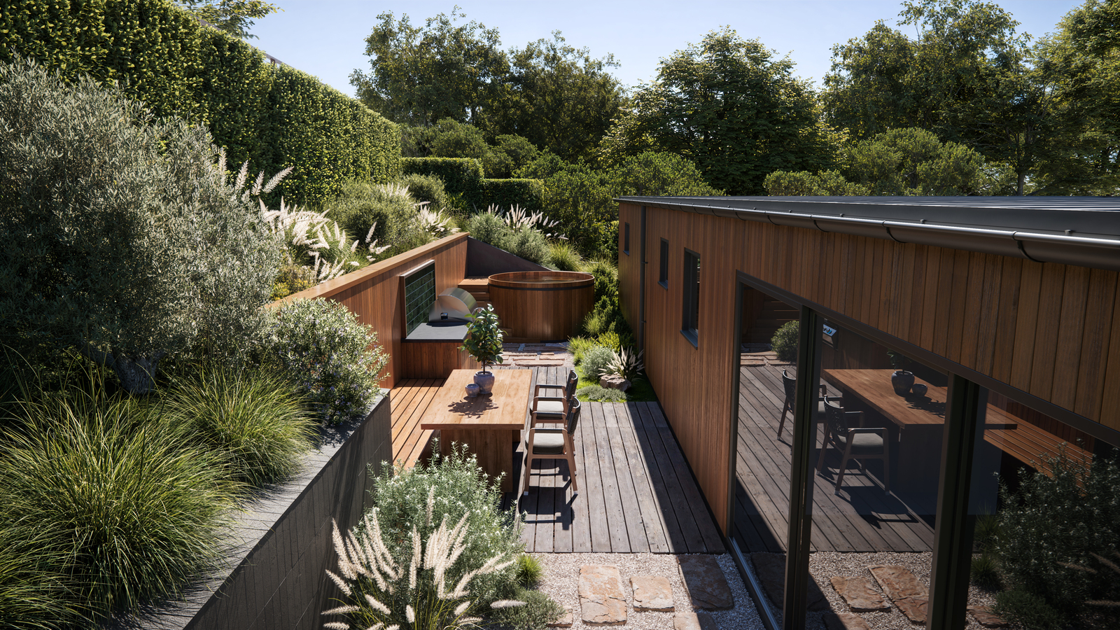 Modern house with a wooden hot tub, outdoor dining, and lush landscaping. 3D house rendering services.