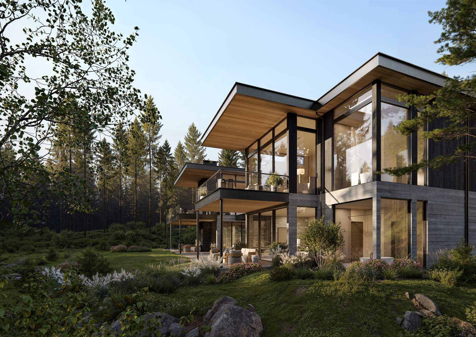Modern house with large windows, showcasing 3D house rendering services in a natural setting.