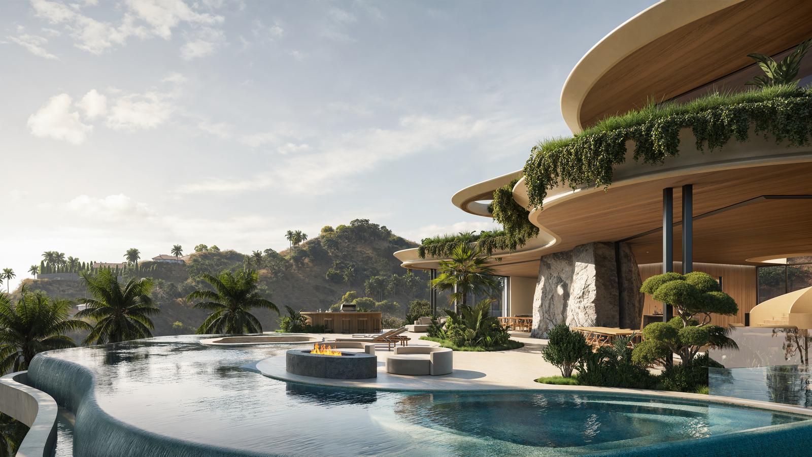 Luxury home with infinity pool and mountain view. 3D house rendering services showcased.