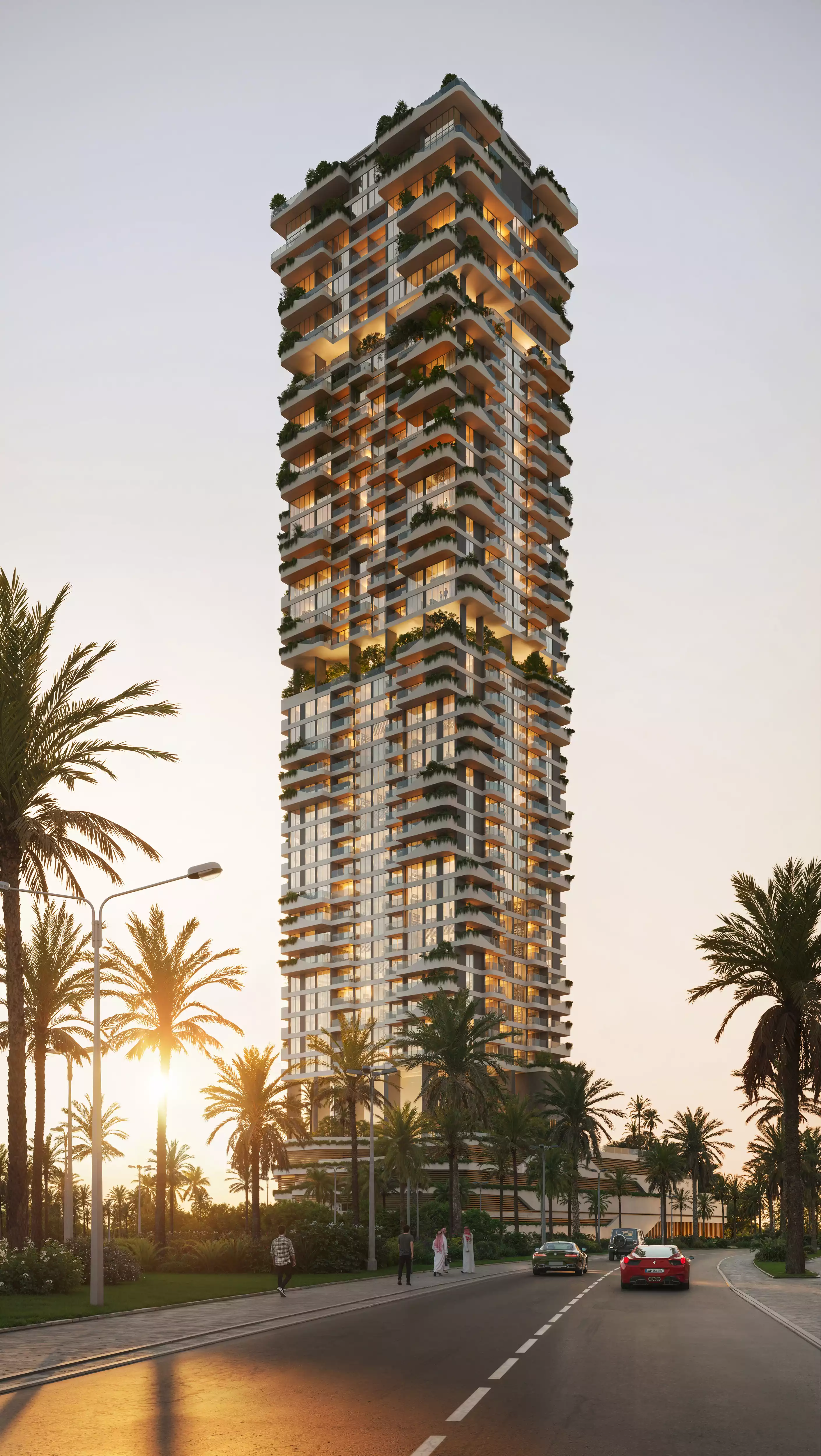 Modern high-rise apartment building with balconies and greenery, showcasing 3D exterior rendering.