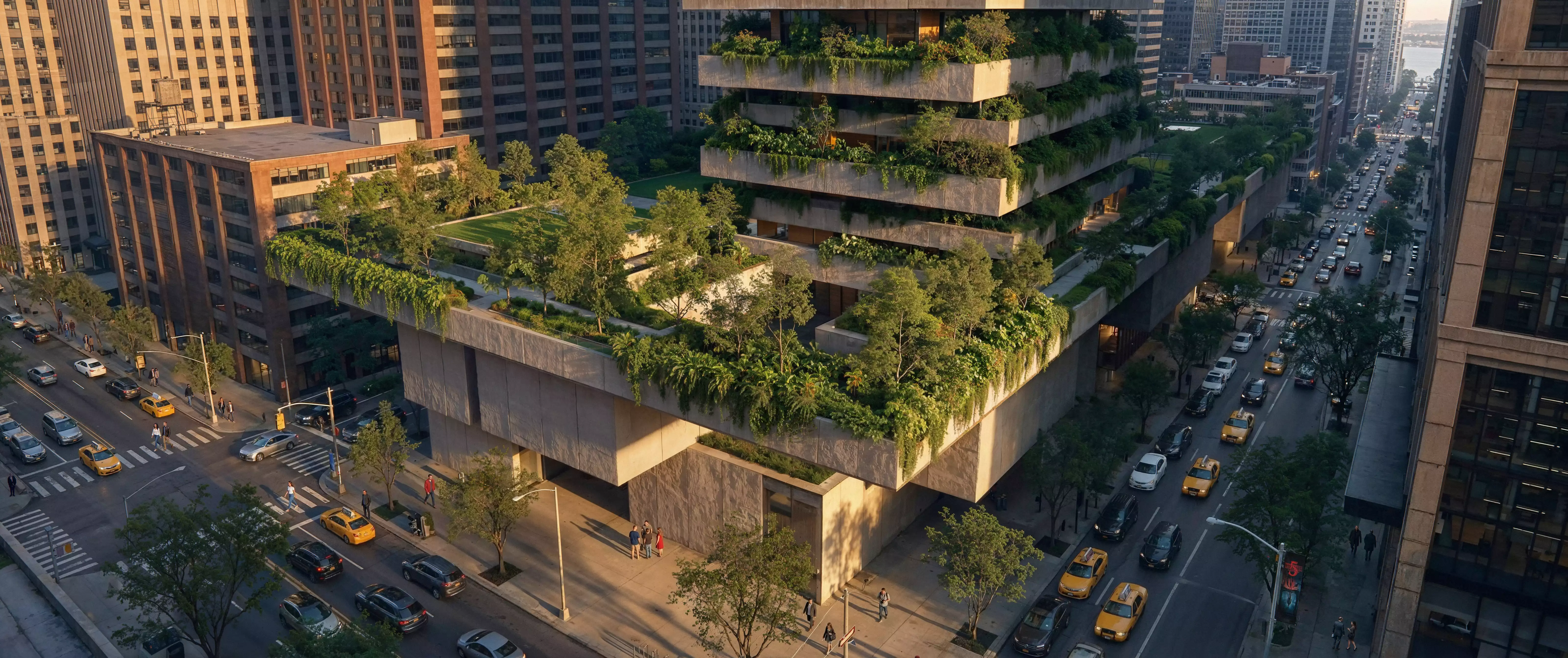 Modern building with lush green terraces, showcasing 3D exterior rendering services in an urban setting.